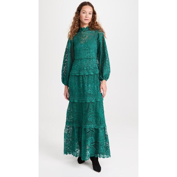 NWT FARM RIO Dark Green Guipure Long Sleeve Maxi Dress Medium M - Picture 6 of 12